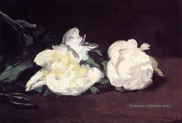Branche de Pivoines blanches avec des ciseaux de fleurs Impressionnisme Edouard Manet Peinture à l'huile